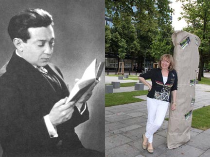 Photo of Frederick Hollander reading a book, and Friedrichhollaenderplatz with daughter Melodie Hollander